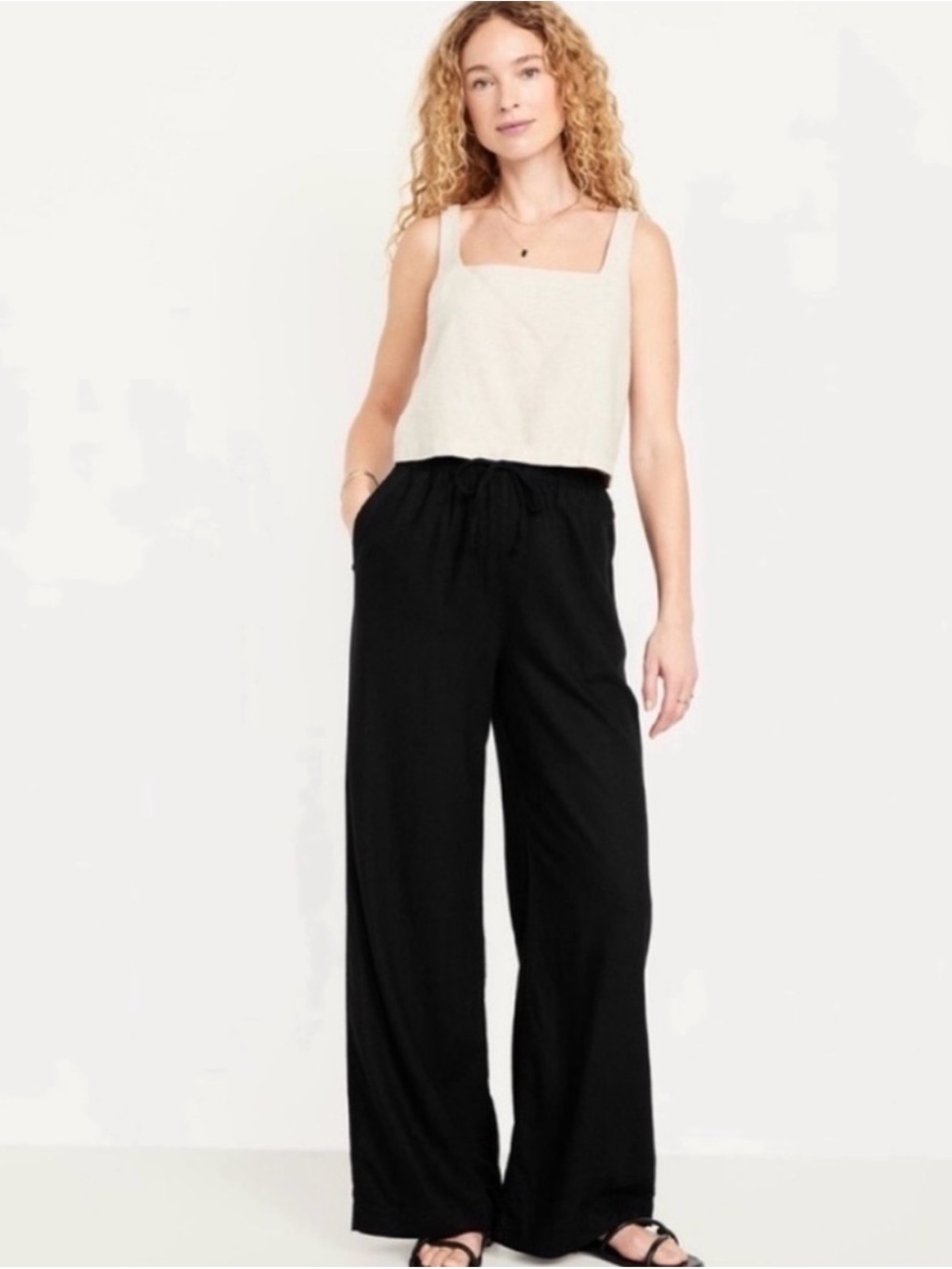 Old Navy Black Linen-Blend Wide-Leg Drawstring Pants